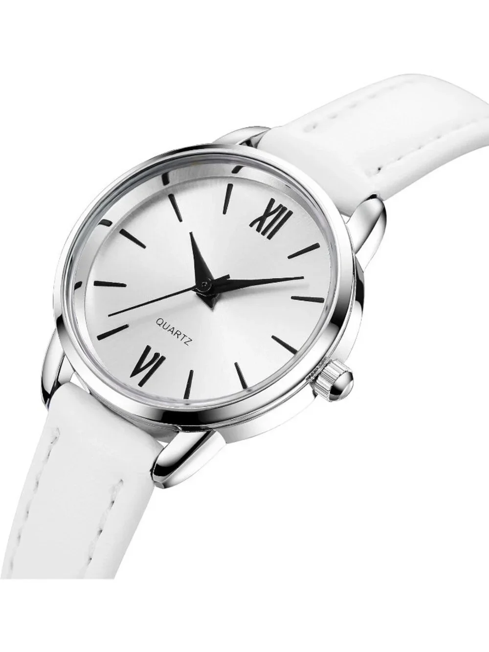 Women's White Analog Quartz Leather Strap Solid Round Minimalist Wrist Watch
